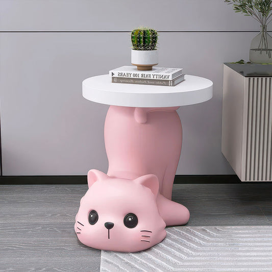 Chat Mignon Rose Statue en Table d'Appoint