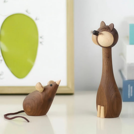 Chat et Souris en Bois de Hêtre et Noyer Statues