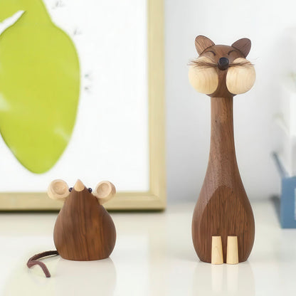 Chat et Souris en Bois de Hêtre et Noyer Statuettes de Luxe