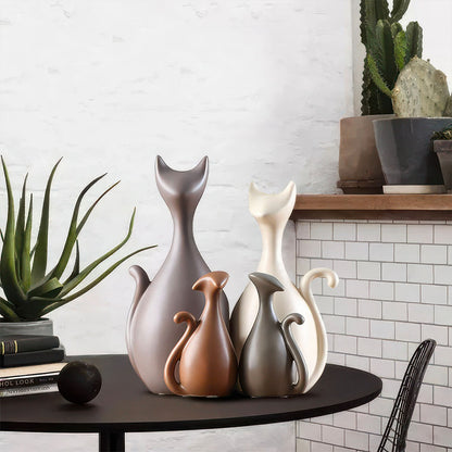 Sculpture de Chats Résine Famille de Deux Chats et Deux Chatons
