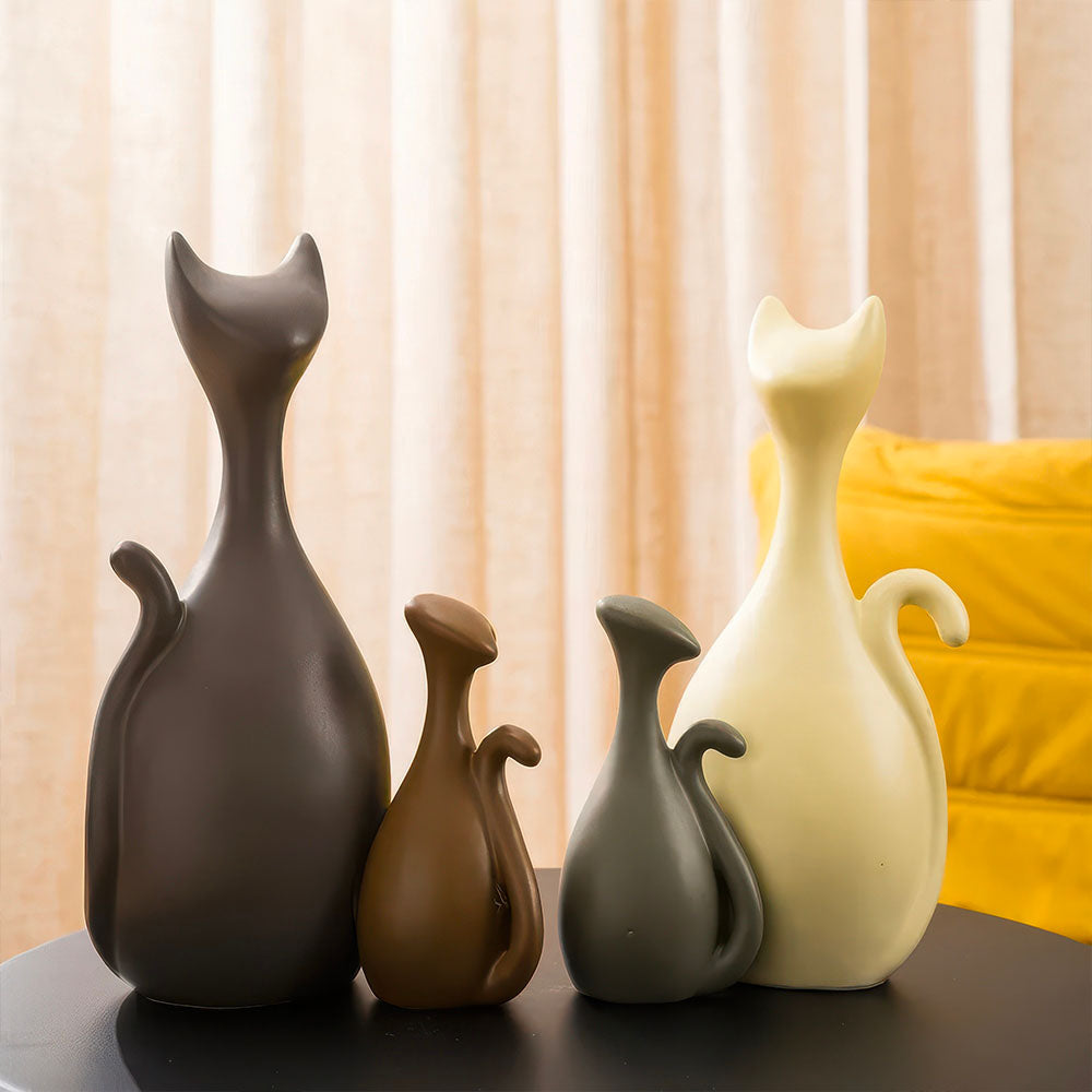 Statues en Résine de Quatre Chats Gris Marron et Crème