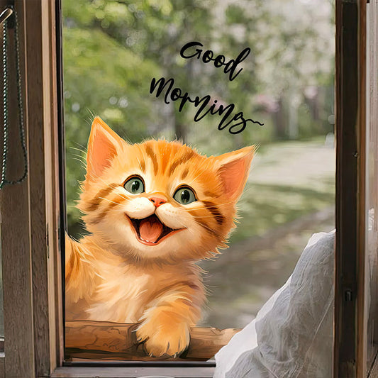 Sticker Chaton Roux 3D Souriant pour Fenêtres 