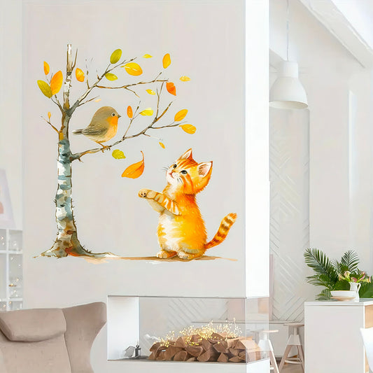 Chat Mignon en Automne et Oiseau dans un Arbre Autocollant