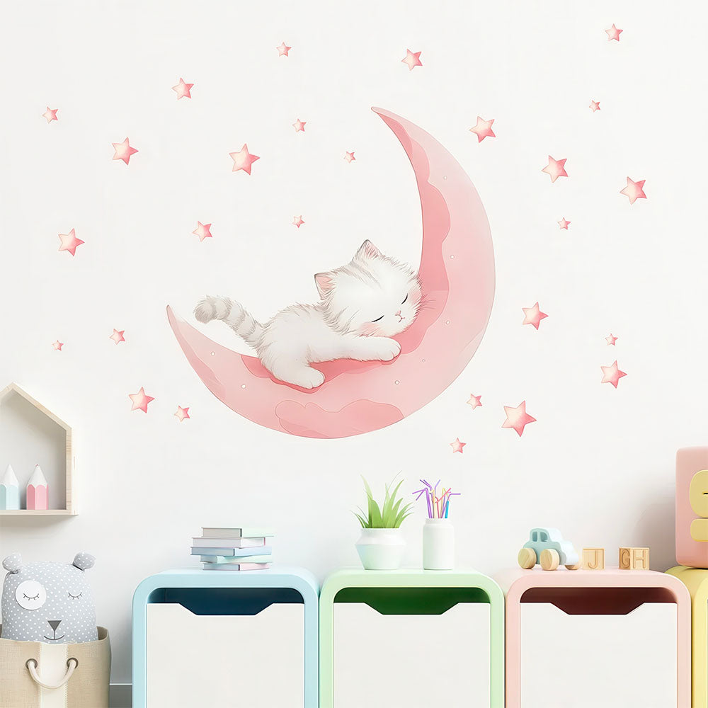 Autocollant Chaton Endormi sur un Croissant de Lune Rose