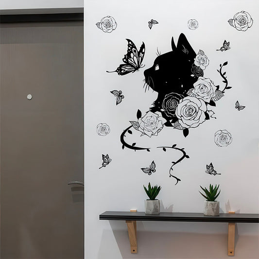 Buste de Chat Noir Papillons et Roses Sticker