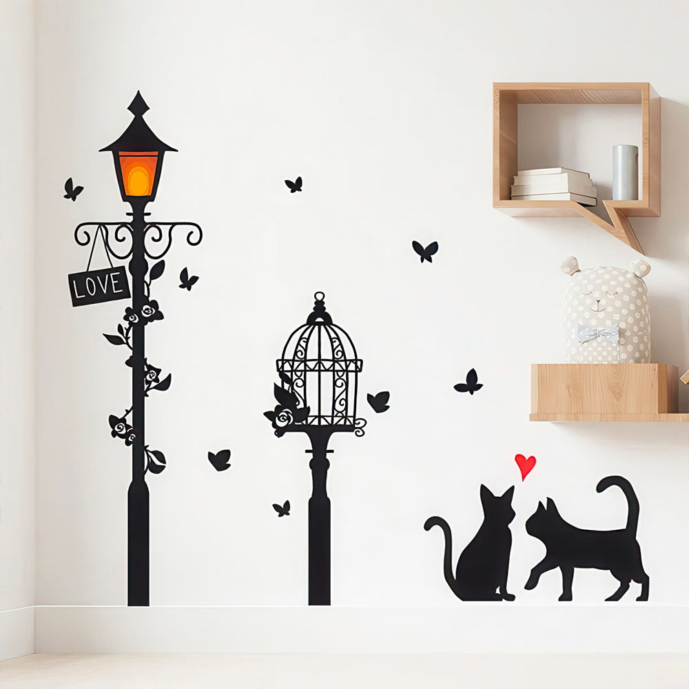 Sticker Chats Amoureux et Coeur Lampadaire Eclairé et Cage à Oiseaux