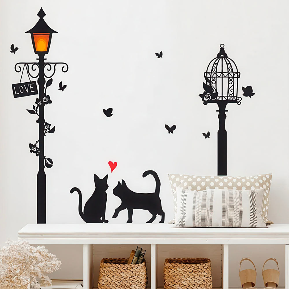 Sticker Chats Amoureux sous Lampadaire avec Coeur