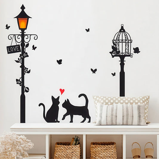 Sticker Chats Amoureux sous Lampadaire avec Coeur