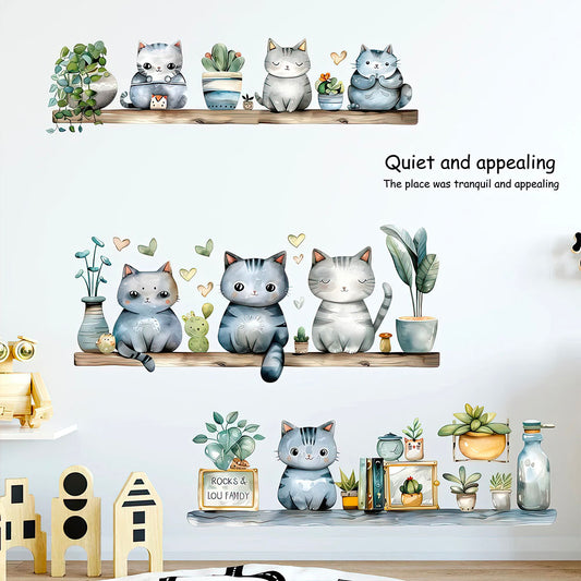 Chatons Mignons sur des Etagères avec des Plantes Stickers