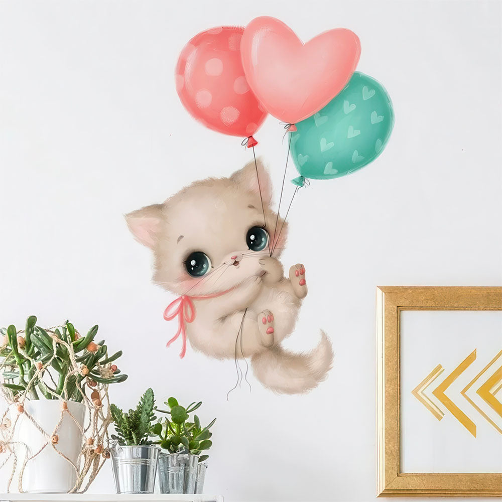 Autocollant Ballons Roses Bleus Chat Kawai et un Ballon en Forme de Coeur