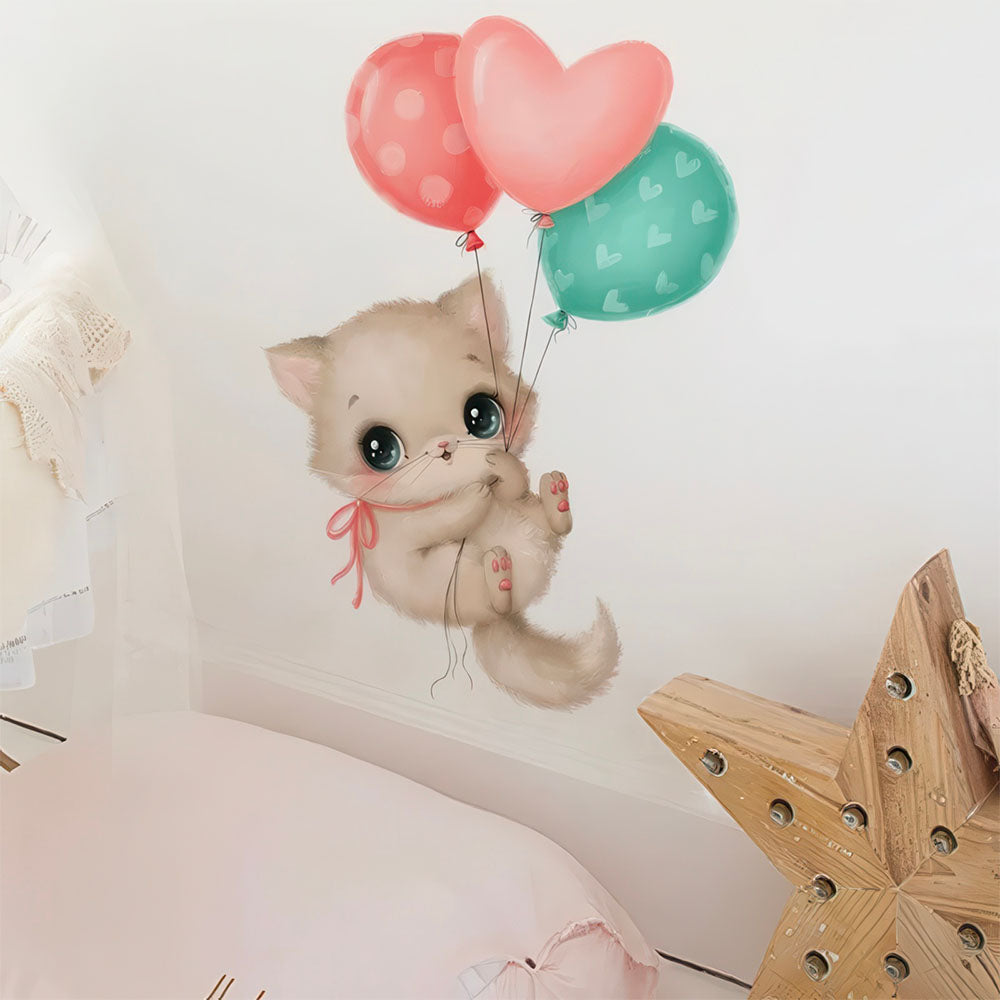 Sticker Chaton qui Vole en Ballons Roses et Bleu Chambre Fille