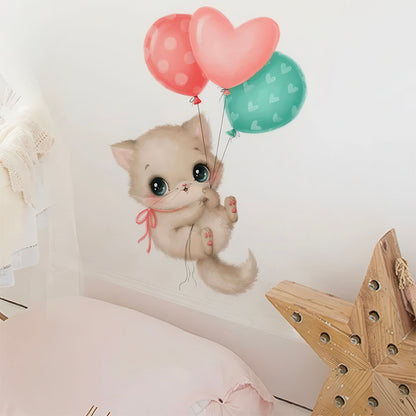 Sticker Chaton qui Vole en Ballons Roses et Bleu Chambre Fille