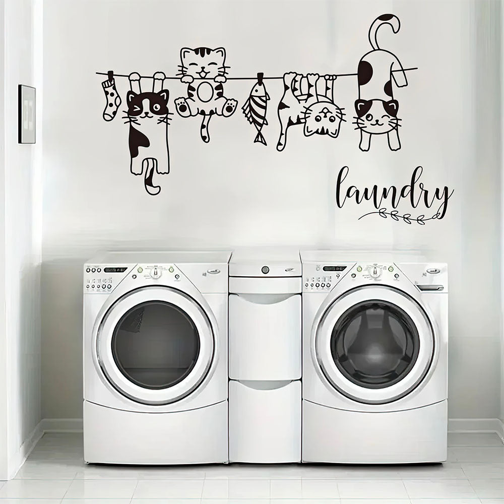 Sticker Noir er Blanc Chats Suspendus à une Corde à Linge 