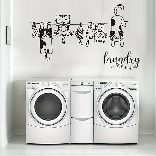 Sticker Noir er Blanc Chats Suspendus à une Corde à Linge 