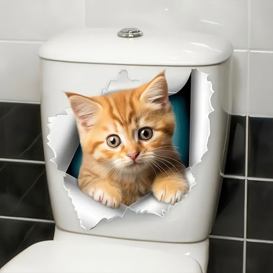 Adorable Chaton Roux 3D Sortant de la Chasse d'Eau Sticker
