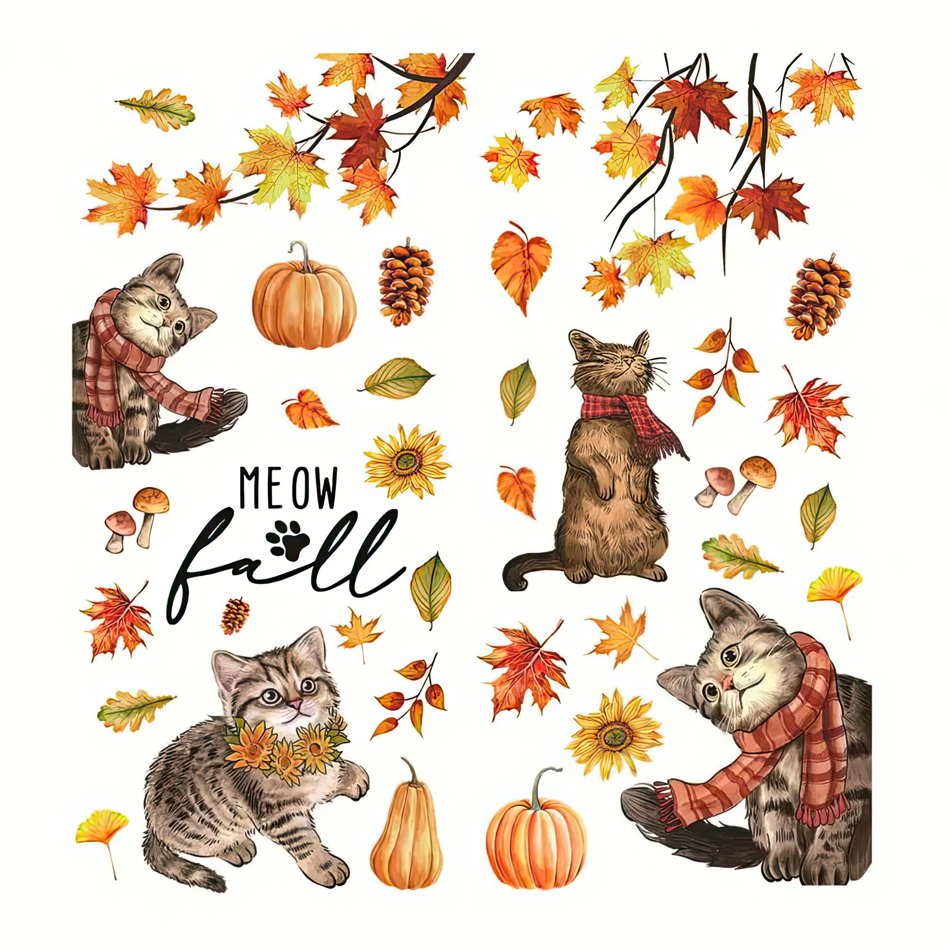 Chats Vêtus d'une Echarpe et Feuilles d'Automne pour Fenêtres Autocollants