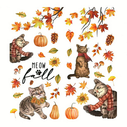 Chats Vêtus d'une Echarpe et Feuilles d'Automne pour Fenêtres Autocollants