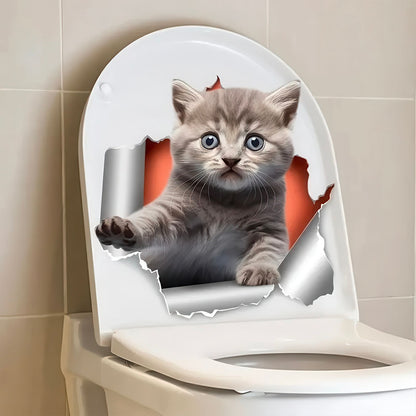 Petit Chat Gris Sortant de l'Abattant Toilette Autocollant 3D
