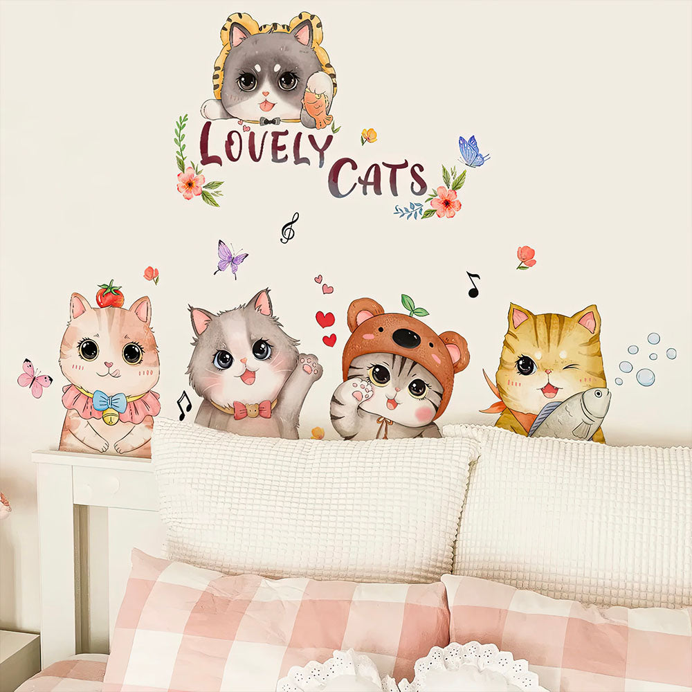 Chatons Mignons Colorés Saluent Entourés de Papillons Stickers