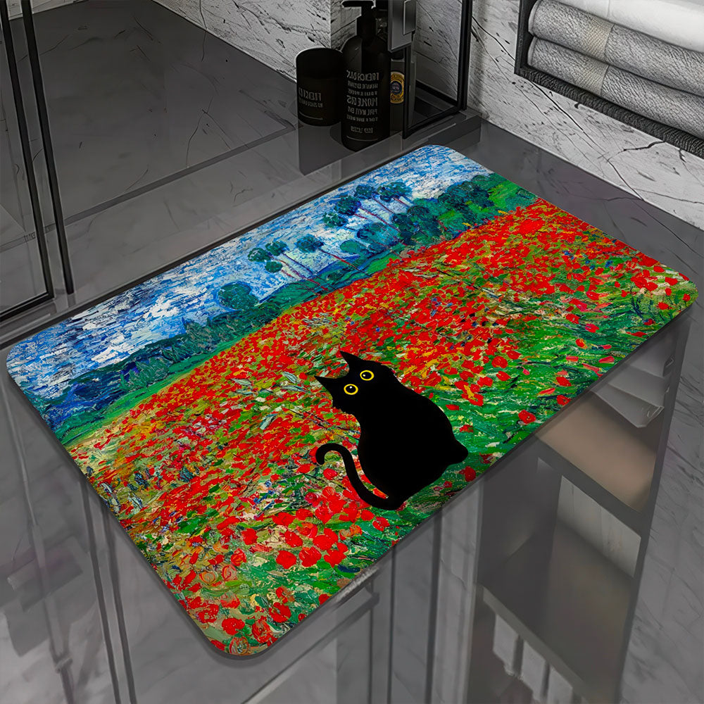 Tapis pour Entrée Antidérapant Van Gogh Motif Chat Noir et Coquelicots