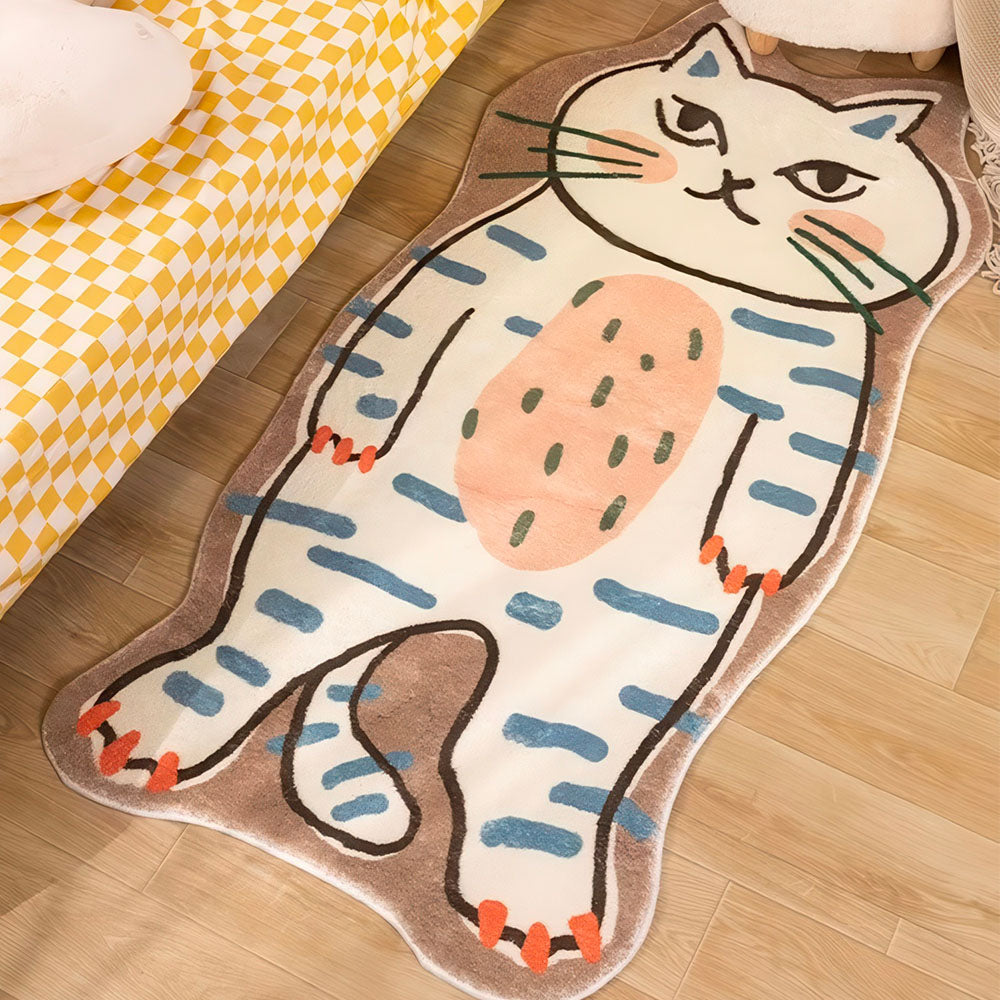 Tapis Chambre Enfant Motif Grand Chat Blanc et Bleu