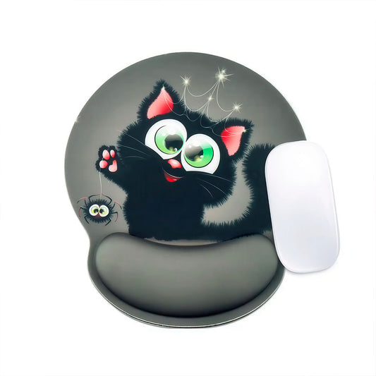Tapis de Souris Ergonomique Motif Chaton Noir Oreilles Roses Yeux Vert et une Araignée 