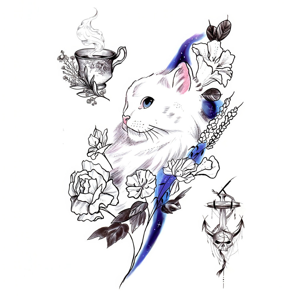 Adorable Chat Blanc sur Fond Blanc et une Tasse de Thé Tatouage Temporaire