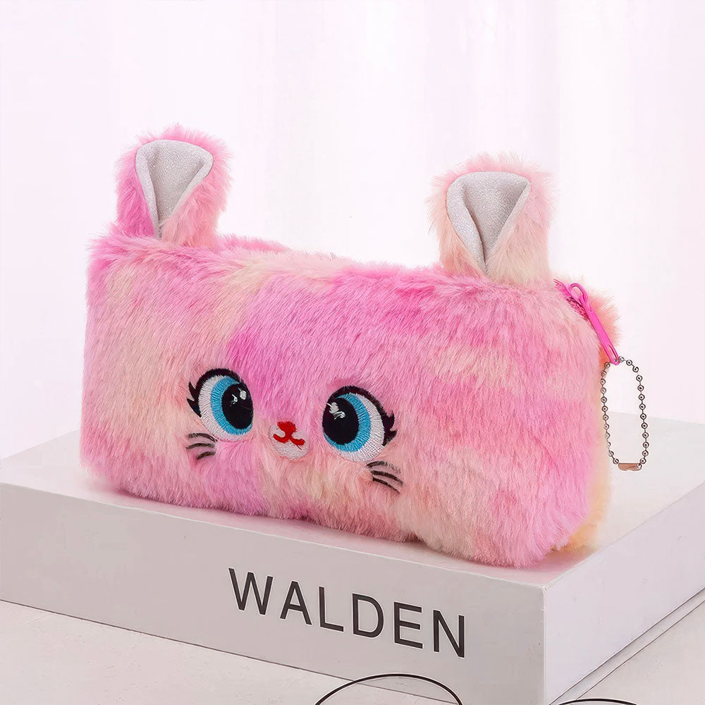 Trousse Rose en Peluche pour Enfant avec Fermeture Eclair, Motif Chat 