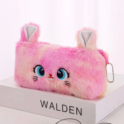 Trousse Rose en Peluche pour Enfant avec Fermeture Eclair, Motif Chat 