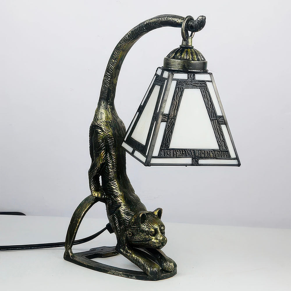 Lampe Pied en Forme de Chat Résine Bronzée et Abat Jour Vitrail en Verre 